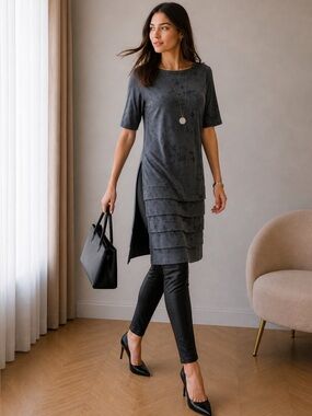 NWT Matti Mamane Tiered Layered Ruffles Long Tunic. Small. Gray.